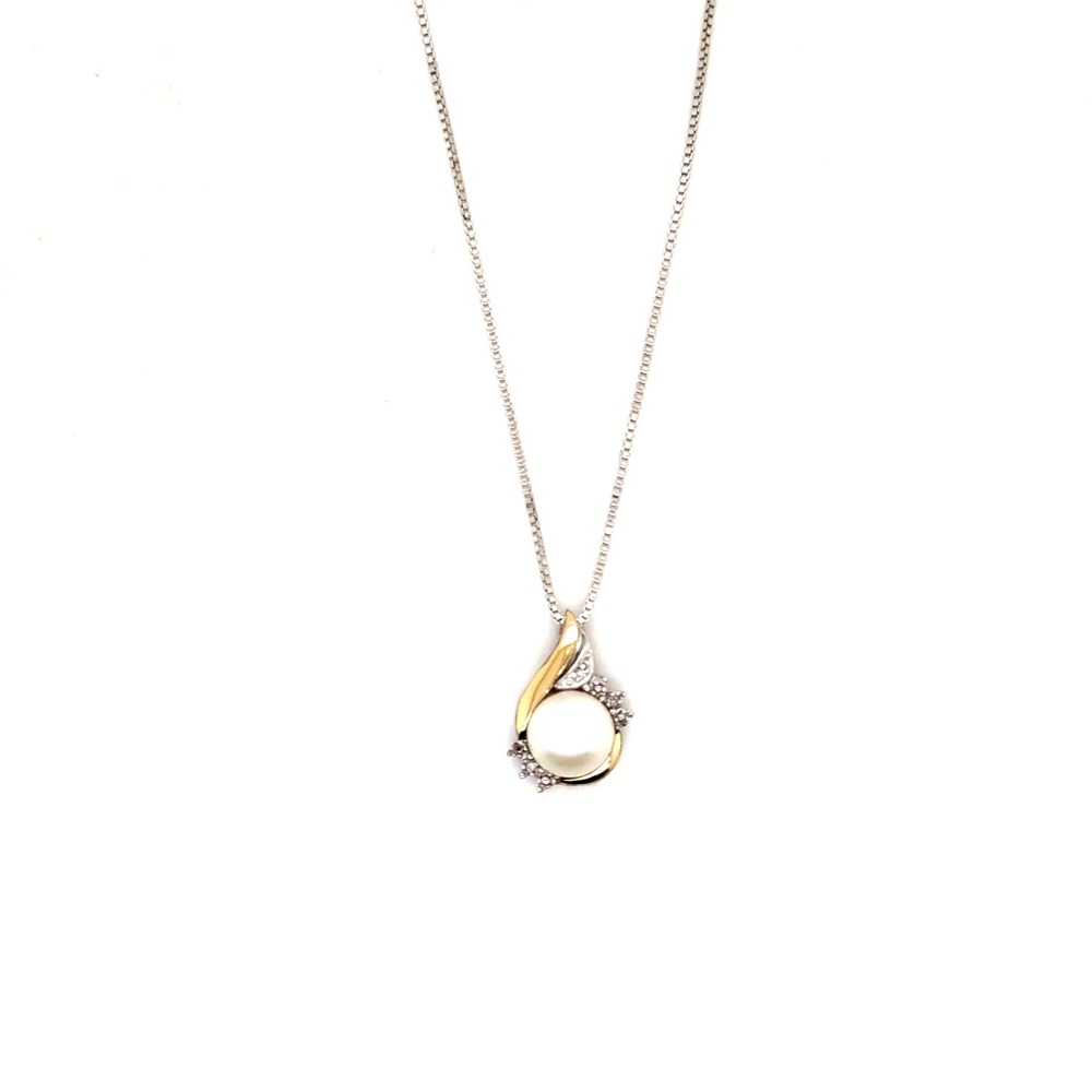 Sterling Silver 10K Gold Freshwater Pearl Diamond Accent Necklace 18in Chain